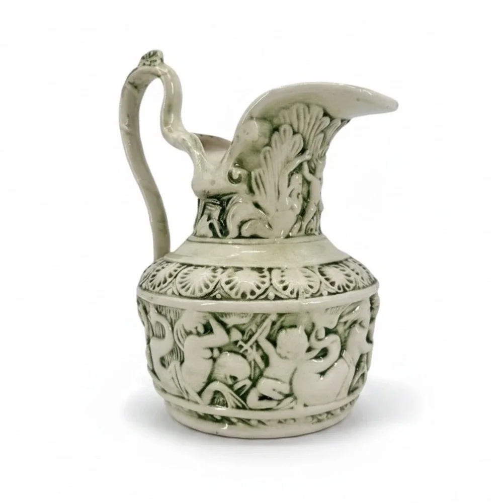 Vintage Ceramic Vase Pitcher Ewer Greek Poseidon Mermaid Cherub Green 3D Relief